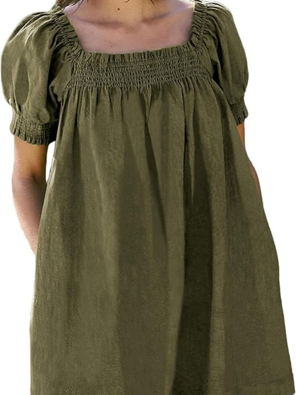 Women's Green Square Neck Puff Sleeve Beach Sundress Casual Short Mini Dress